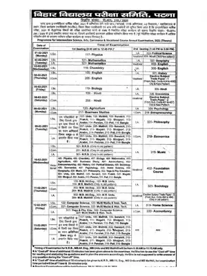 Bihar Board 12th Exam Date Sheet 2021