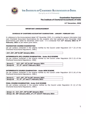 ICAI January / February 2021 Examinations Notification