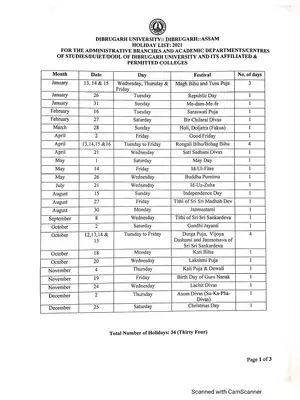 Dibrugarh University Holiday List 2021