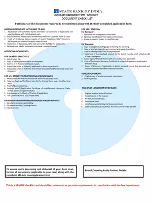 SBI Loan Documents List