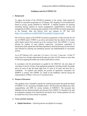 Guidance Note for CoWin Vaccine 2.0