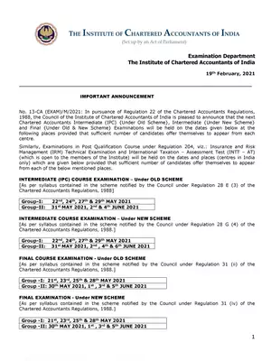 ICAI Exam May 2021 Time Table