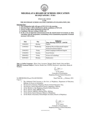 MBOSE SSLC Routine 2021 Meghalaya