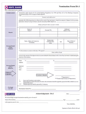 HDFC Nomination Form DA 1