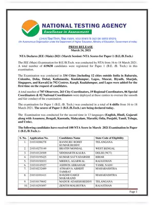 JEE Main Result 2021 Topper List