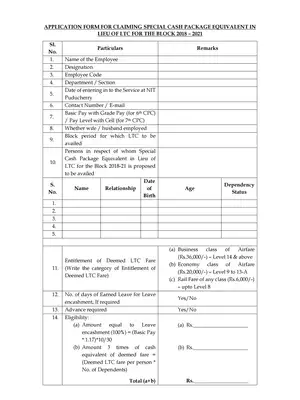 Application Form for Special Cash Package in Lieu of LTC