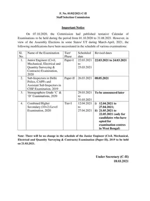 SSC Exam Calendar 2021-22