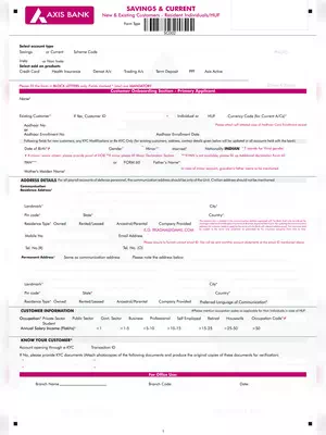 Axis Bank Account Opening Form