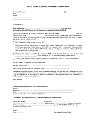 Bank of Baroda Aadhar Consent Form English