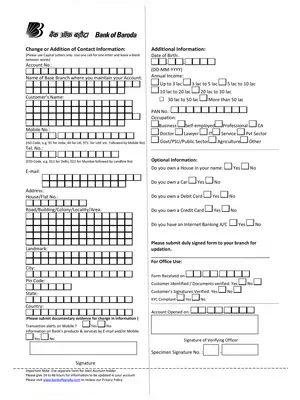 Bank of Baroda Contact Change Number Form