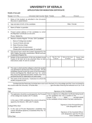 Kerala University Migration Certificate Form