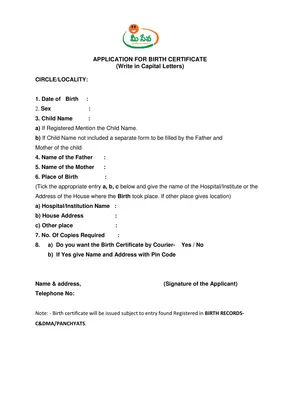 Andhra Pradesh Birth Certificate Form English