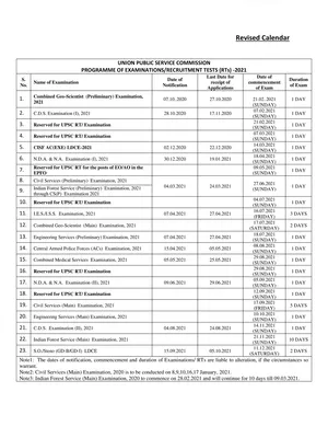 UPSC Calendar 2021