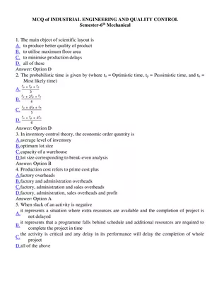 Industrial Engineering and Quality Control MCQ with Answers