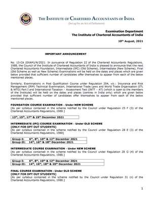 ICAI Exam Date Sheet Nov 2021