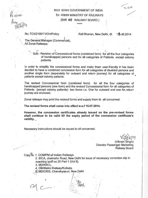 Railway Concession Form for Physically Handicapped English