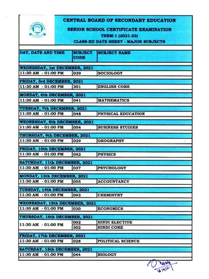 CBSE Date Sheet 2021 Class 12 Term 1