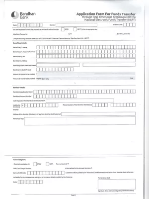 Bandhan RTGS – NEFT Form