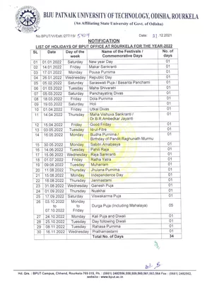 BPUT Holidays List 2022