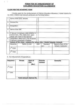 Children Education Allowance Form for Central Govt Employee