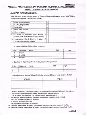 Children Education Allowance Form for Central Government Employee