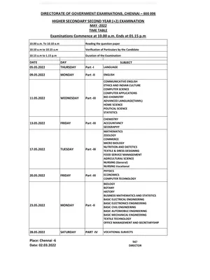 10th Public Exam Time Table 2022