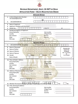 Delhi Death Certificate Application Form English