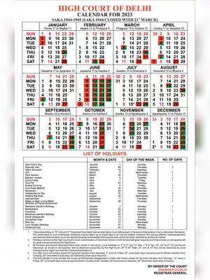 Delhi High Court Calendar 2023