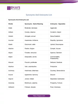 Antonyms and Synonyms List