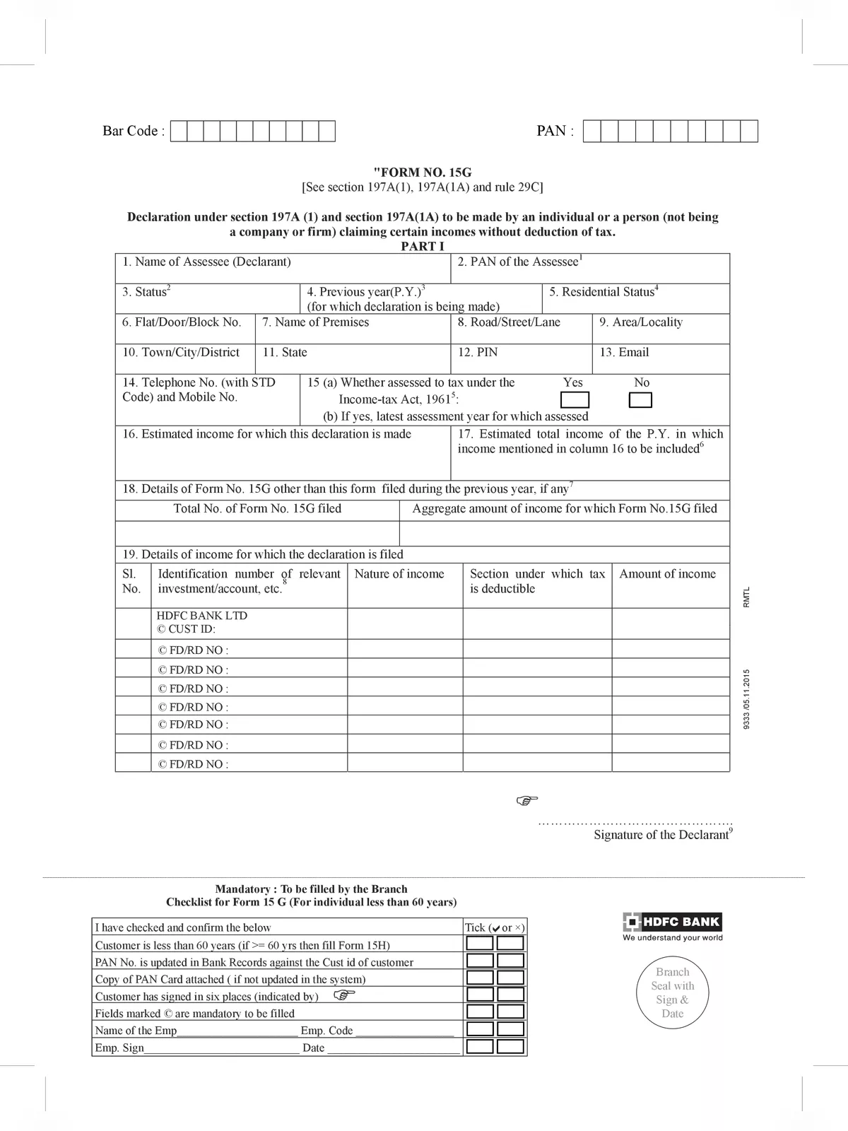 Hdfc Bank Form 15g Editable Pdf Instapdf 9684