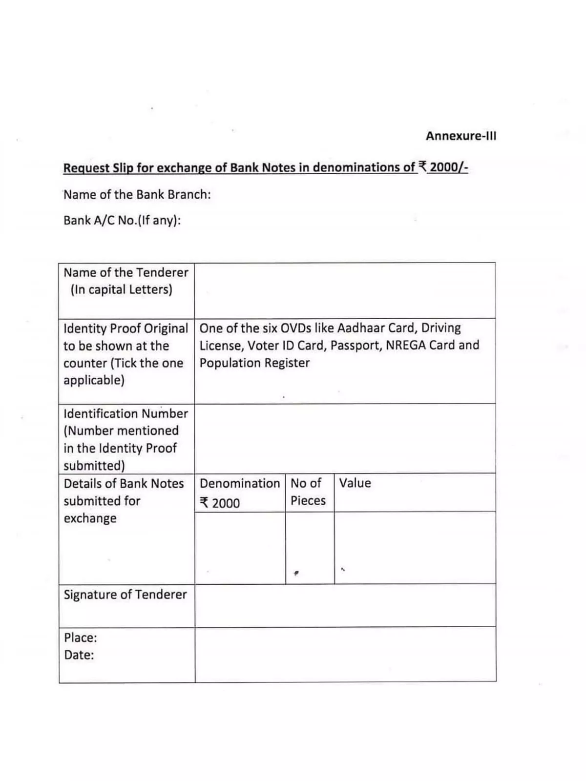 RBI 2000 Note Exchange Form PDF InstaPDF