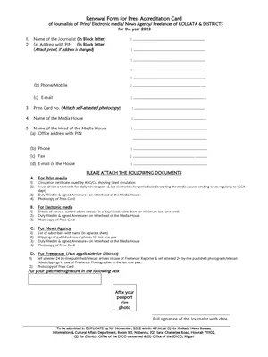 Press Accreditation Card Renewal Form West Bengal