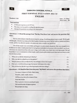 8th Standard Onam Exam Question Paper