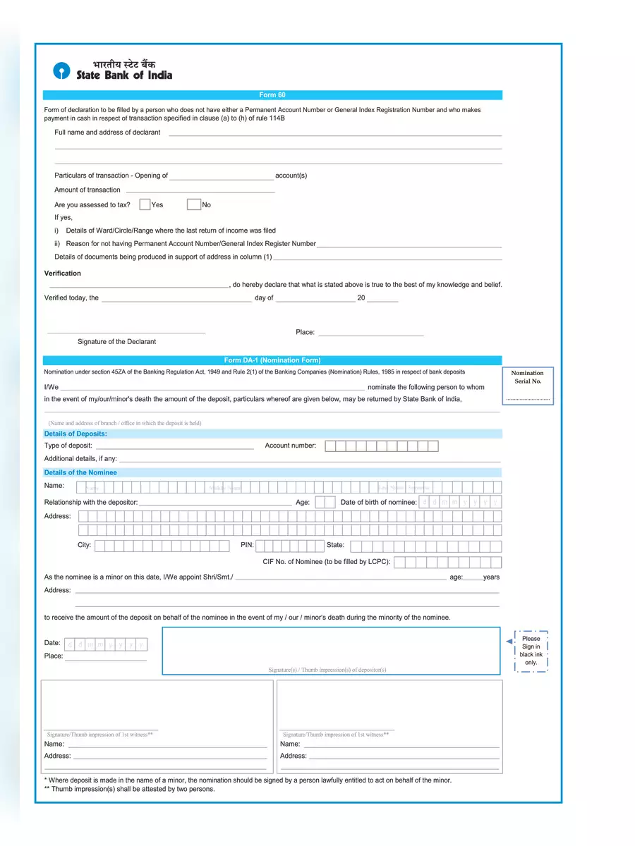 sbi bank account opening form for minor