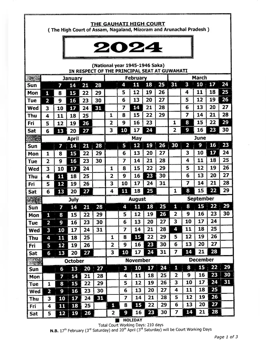 2nd Page of Gauhati High Court Calendar 2024 PDF