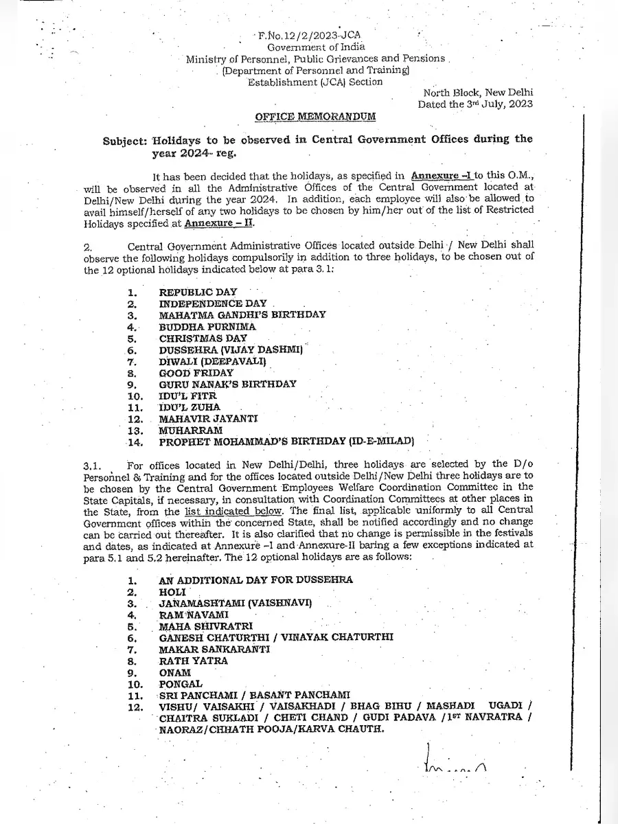 2nd Page of Indian Railways Holidays List 2024 PDF