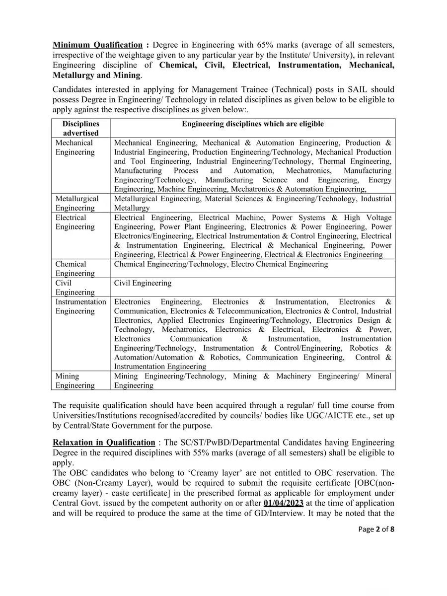 2nd Page of SAIL Recruitment 2023 Notification PDF