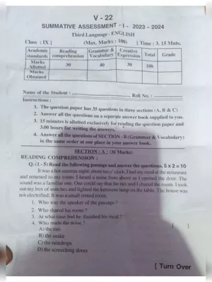 9th Class SA1 Question Paper 2023