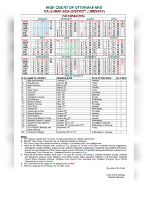Uttarakhand High Court Calendar 2024 PDF