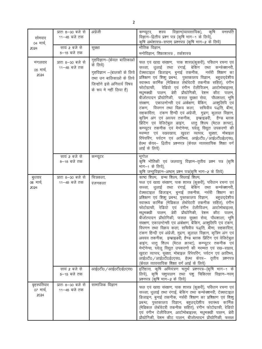 2nd Page of UP Board Time Table 2024 Class 10 PDF