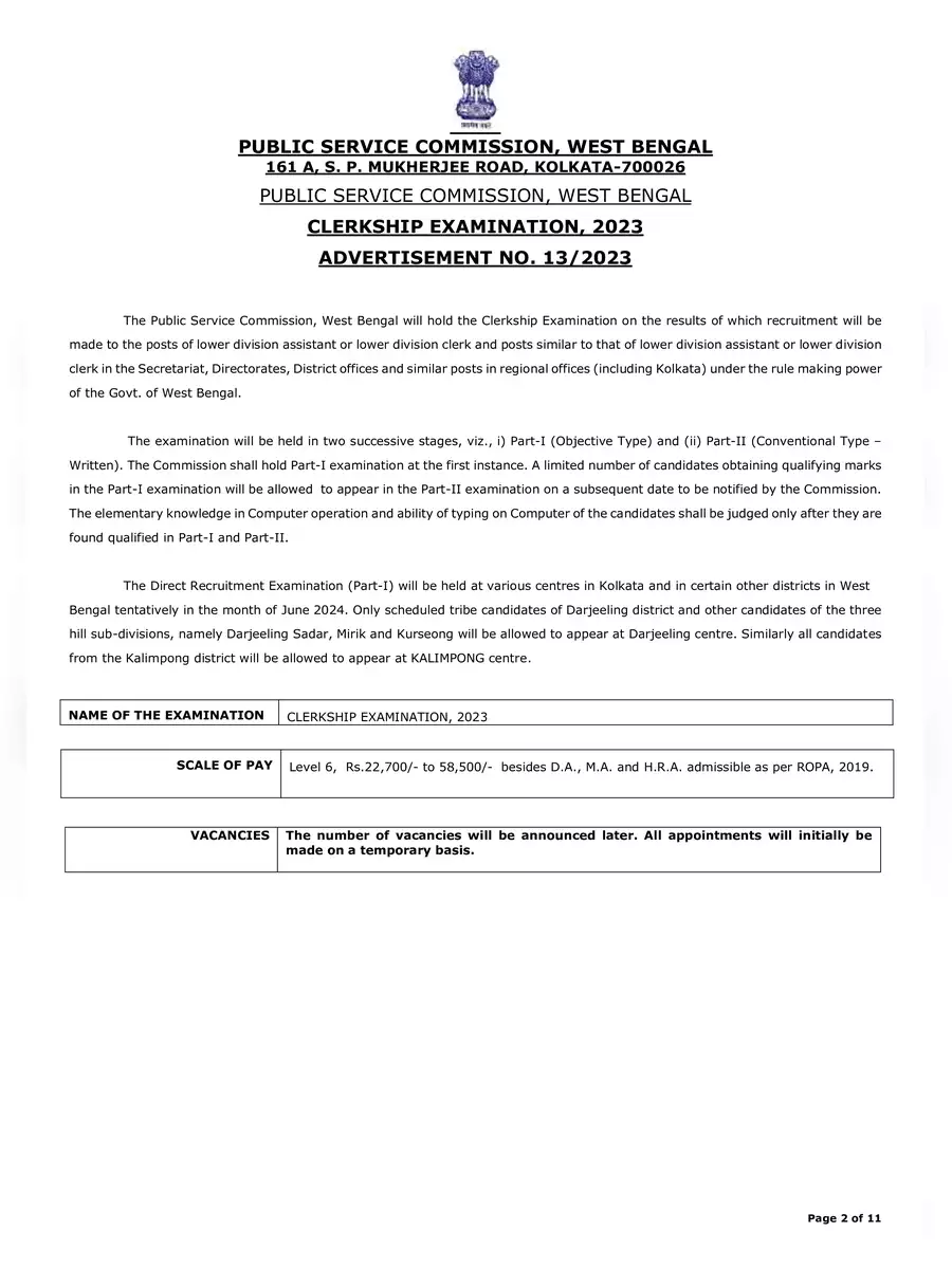 2nd Page of WBPSC Clerkship Notification PDF