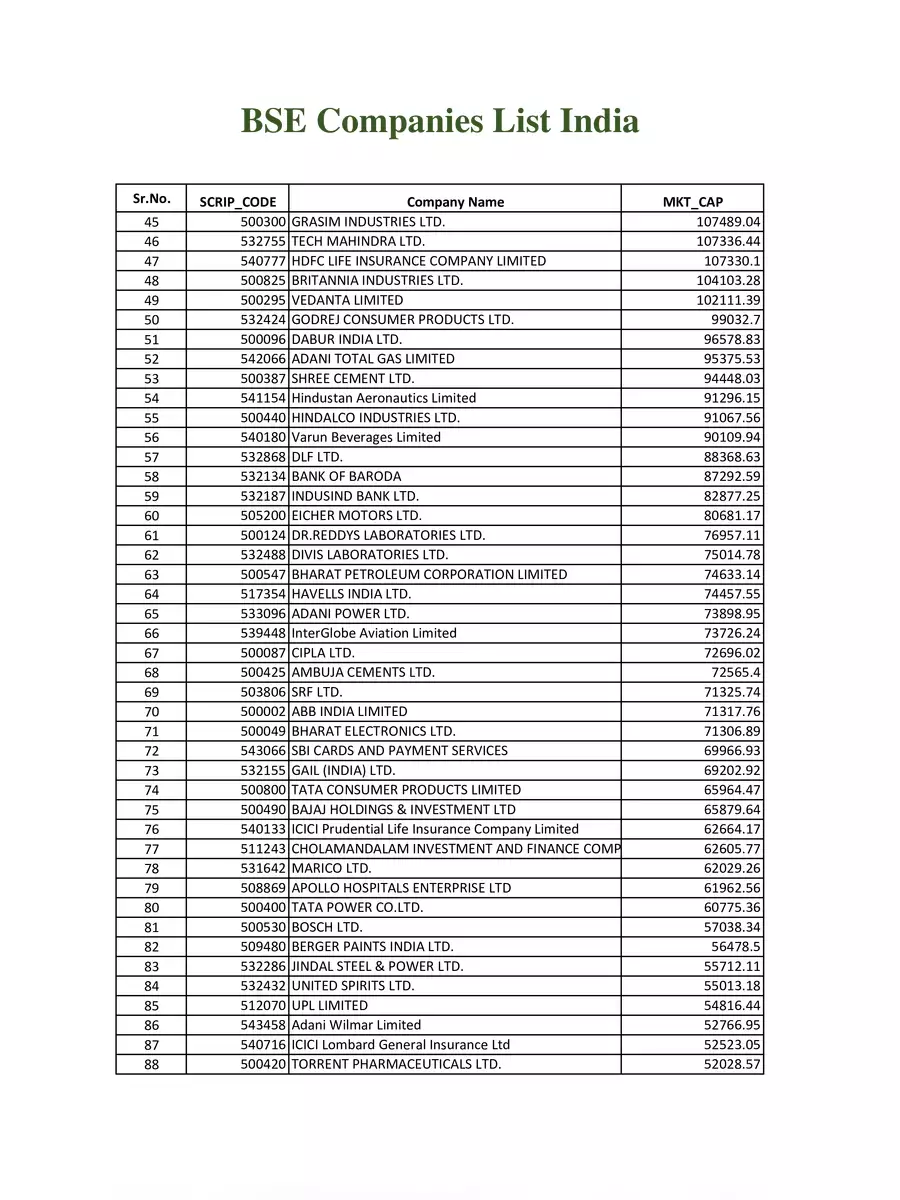 2nd Page of BSE Listed Companies PDF