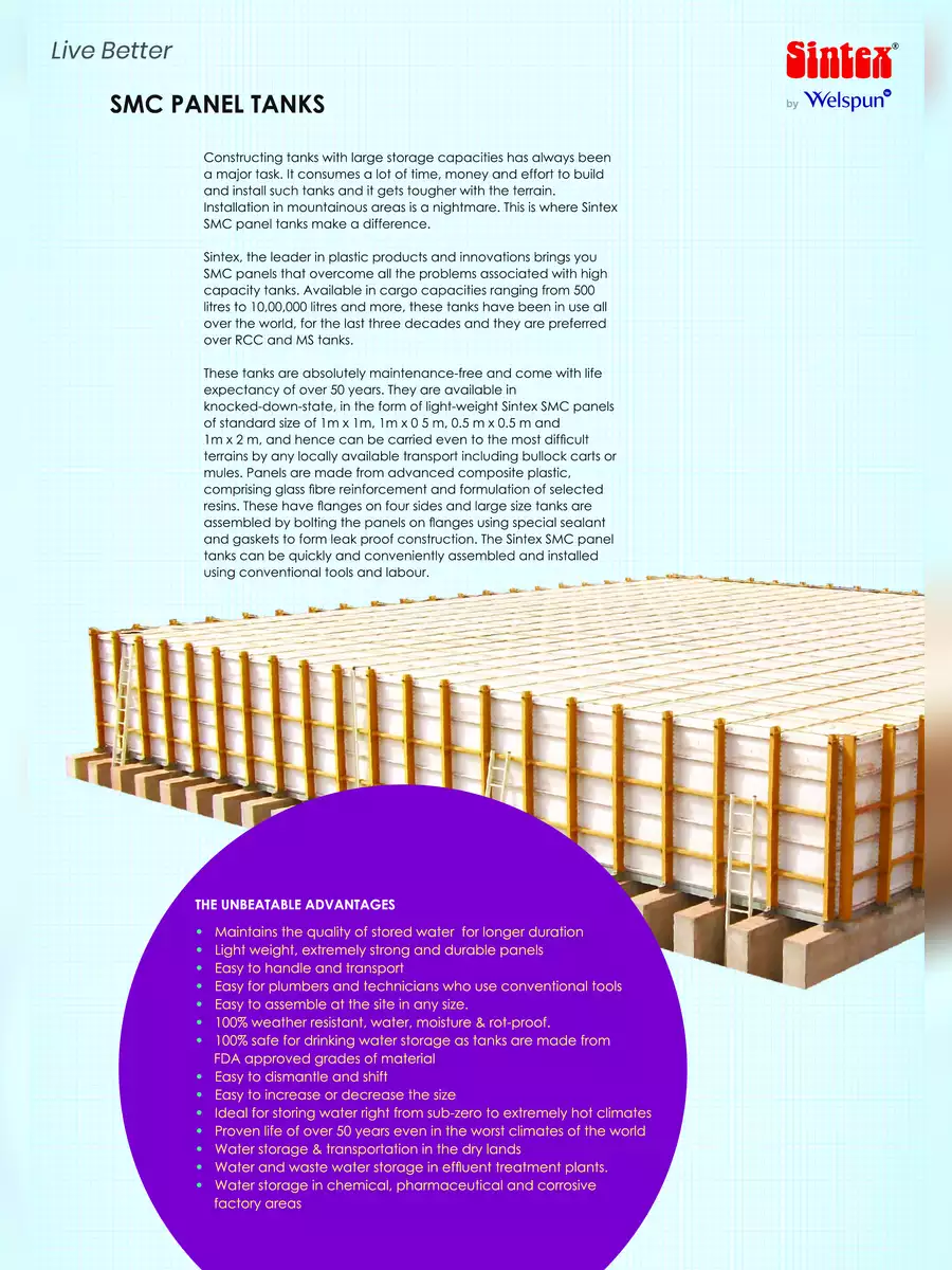 2nd Page of Sintex SMC Panel Tank Brochure PDF
