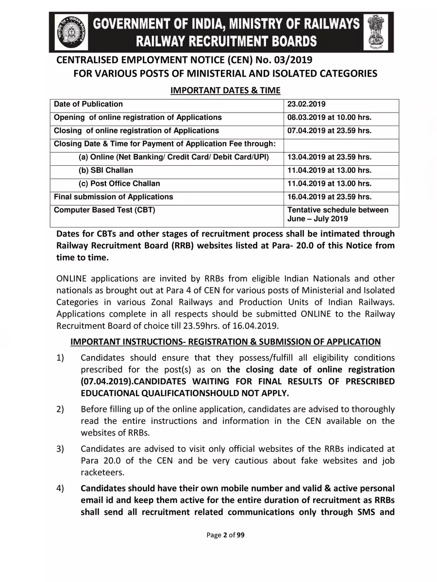 2nd Page of RRB Ministerial and Isolated Categories Notification PDF
