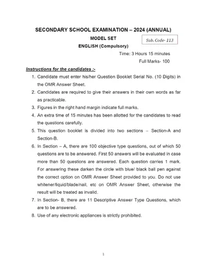 Bihar Board Class 10 Model Paper 2024 PDF