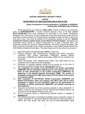 CISF Constable Fireman Notification 2024