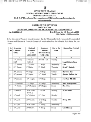 Assam Govt Holiday List 2025