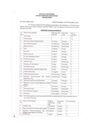 Haryana Govt Holiday List 2025