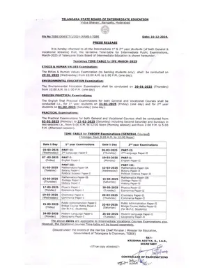 TS Intermediate Exam Time Table 2025