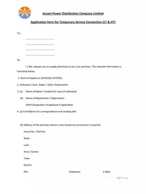 APDCL Temporary Service Connection (LT & HT) Form